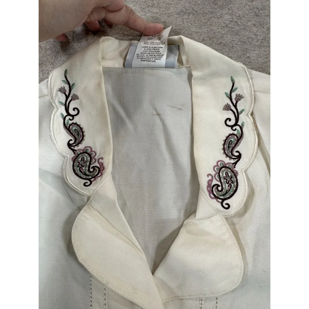 Jantzen Womens 12 Cream Embroidered Paisley Scalloped Collar Blouse Shirt